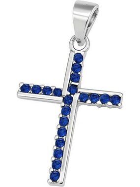 Sapphire Sterling Silver Half Eternity CZ Paved Christian Cross Pendant